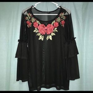 Transparent embroidered rose shirt